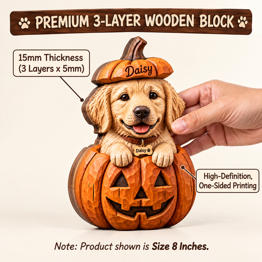 Custom Pet Halloween Premium Wooden Block, Personalized Pumpkin Decor