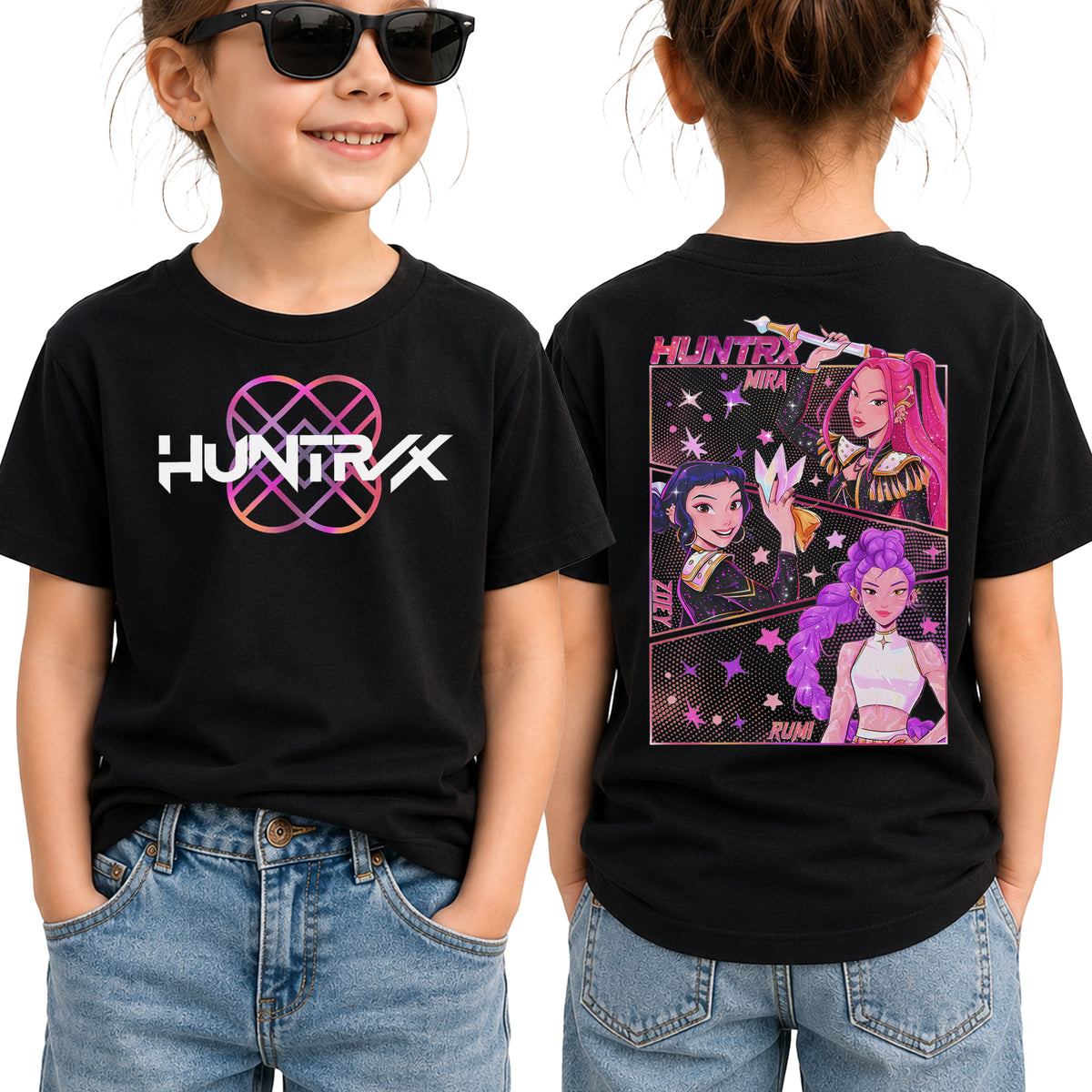 Pink Sparking Huntrix Girl 2 Sides Graphic DTG Print Graphic Youth Shirt Sweatshirt Hoodie Unisex Saja Boy Kpop Hunter Fan Art