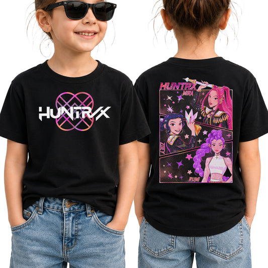 Pink Sparking Huntrix Girl 2 Sides Graphic DTG Print Graphic Youth Shirt Sweatshirt Hoodie Unisex Saja Boy Kpop Hunter Fan Art